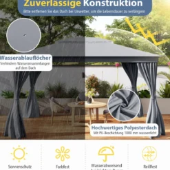4 x 3 m Pavillon Gartenpavillon mit Netz & Vorhang & Doppeldach Pavillonzelt wasserdicht Sonnenschutz für Terrasse