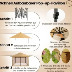 4 x 4 m Pavillon Gartenpavillon mit Netzseitenwänden UV-Schutz 50+ Khaki