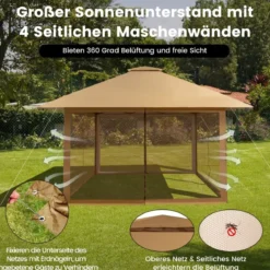 4 x 4 m Pavillon Gartenpavillon mit Netzseitenwänden UV-Schutz 50+ Khaki