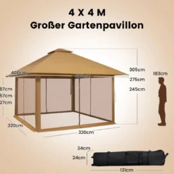 4 x 4 m Pavillon Gartenpavillon mit Netzseitenwänden UV-Schutz 50+ Khaki