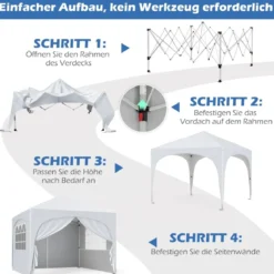 3 x 3 M Pavillon mit 4 Abnehmbaren Seitenwänden Gartenzelt inkl. Rolltasche 8 Heringe 4 Anker Weiß