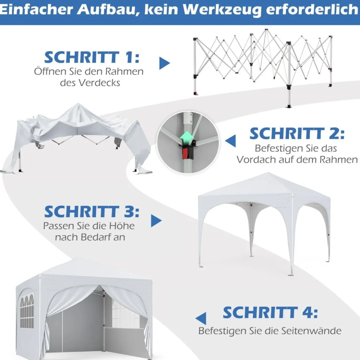 3 x 3 M Pavillon mit 4 Abnehmbaren Seitenwänden Gartenzelt inkl. Rolltasche 8 Heringe 4 Anker Weiß