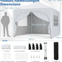 3 x 3 M Pavillon mit 4 Abnehmbaren Seitenwänden Gartenzelt inkl. Rolltasche 8 Heringe 4 Anker Weiß
