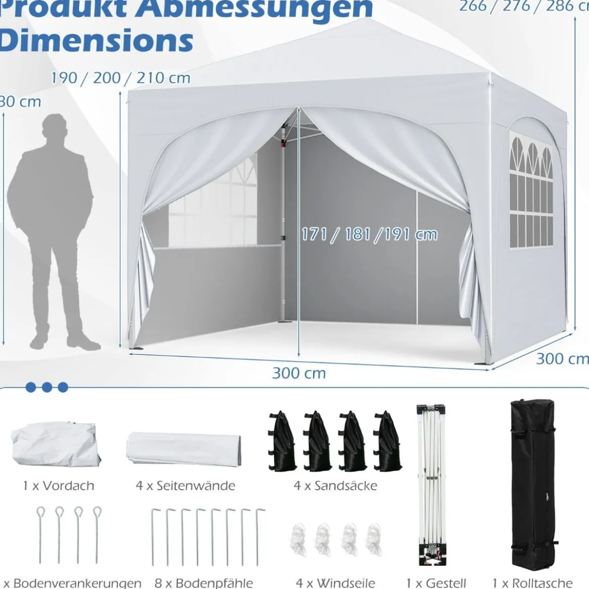 3 x 3 M Pavillon mit 4 Abnehmbaren Seitenwänden Gartenzelt inkl. Rolltasche 8 Heringe 4 Anker Weiß
