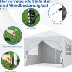 3 x 3 M Pavillon mit 4 Abnehmbaren Seitenwänden Gartenzelt inkl. Rolltasche 8 Heringe 4 Anker Weiß