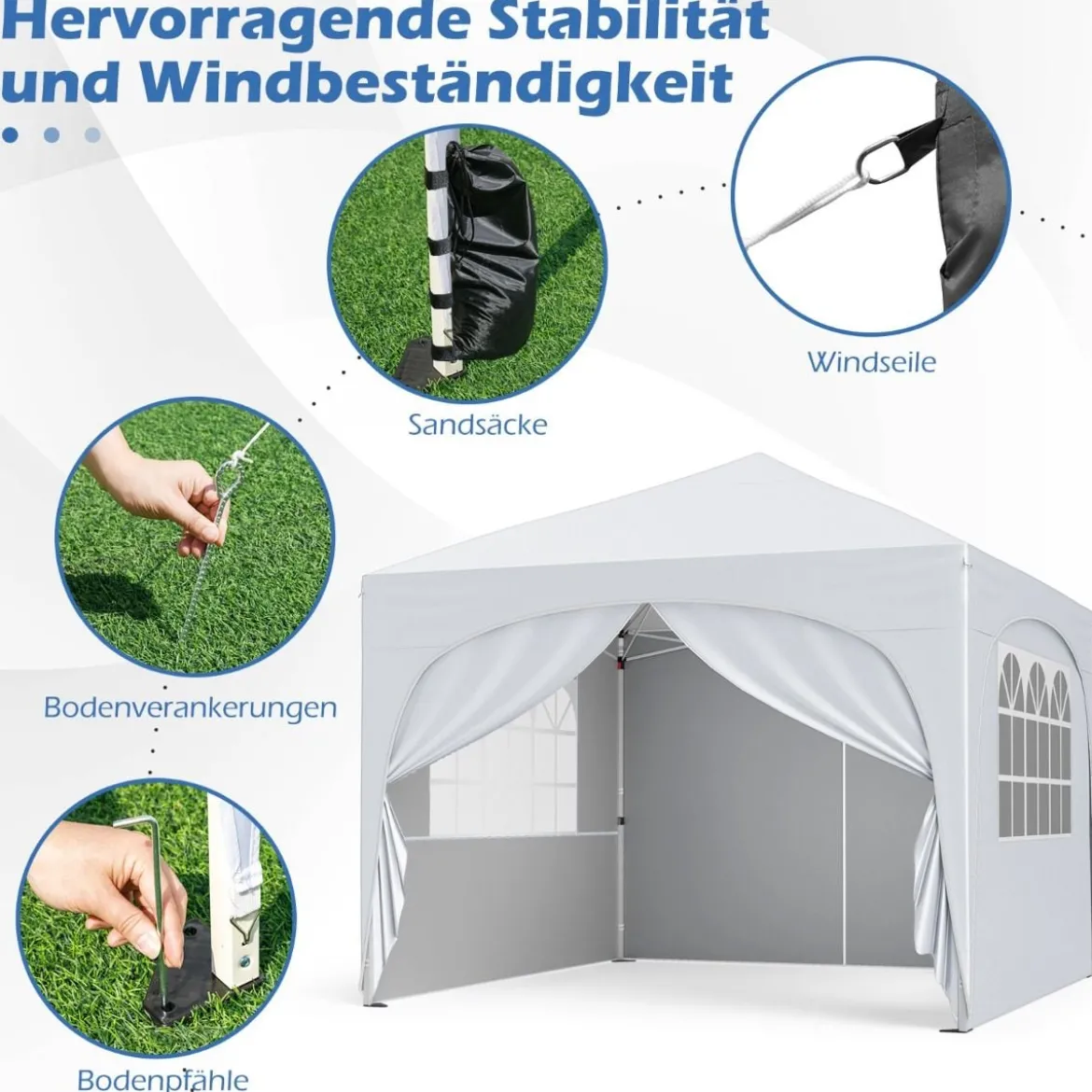 3 x 3 M Pavillon mit 4 Abnehmbaren Seitenwänden Gartenzelt inkl. Rolltasche 8 Heringe 4 Anker Weiß
