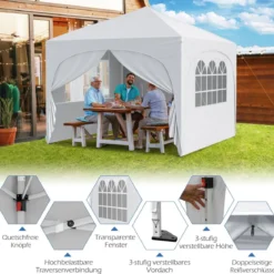 3 x 3 M Pavillon mit 4 Abnehmbaren Seitenwänden Gartenzelt inkl. Rolltasche 8 Heringe 4 Anker Weiß
