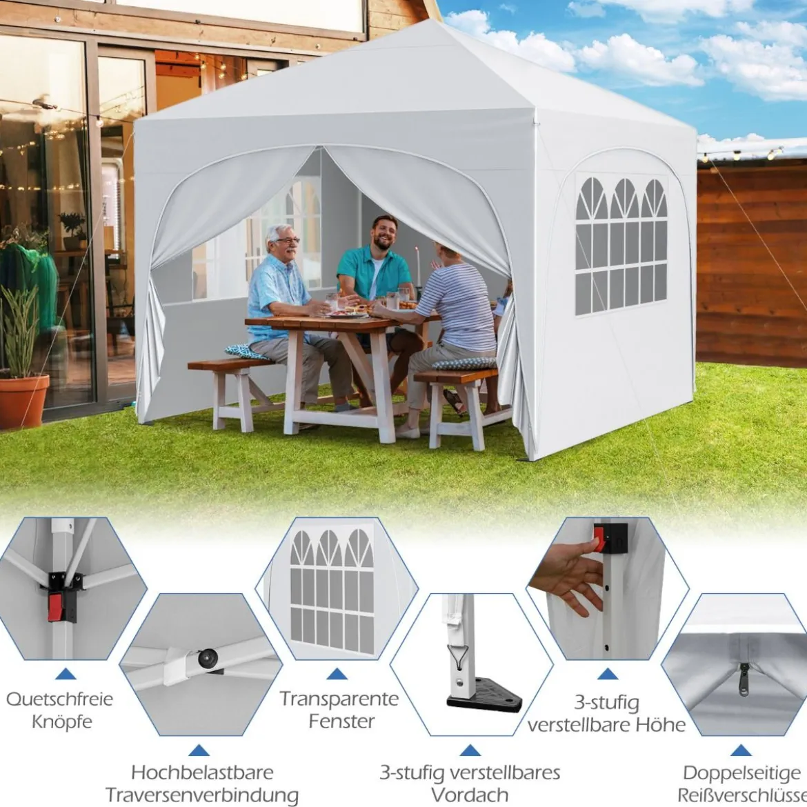 3 x 3 M Pavillon mit 4 Abnehmbaren Seitenwänden Gartenzelt inkl. Rolltasche 8 Heringe 4 Anker Weiß