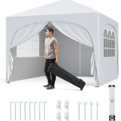 3 x 3 M Pavillon mit 4 Abnehmbaren Seitenwänden Gartenzelt inkl. Rolltasche 8 Heringe 4 Anker Weiß