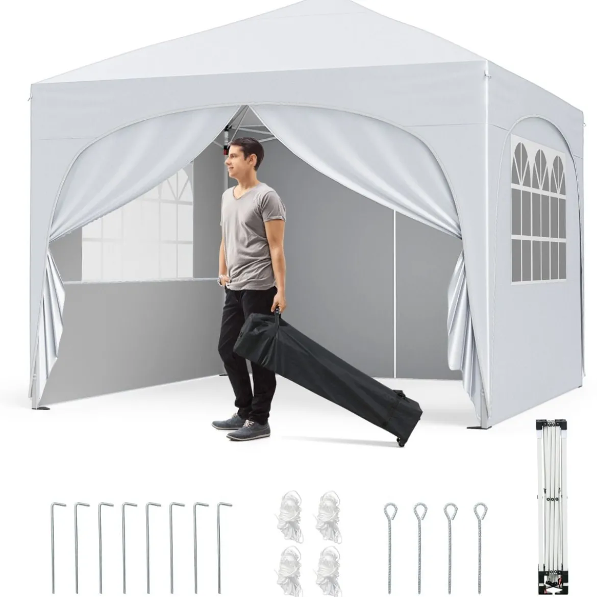 3 x 3 M Pavillon mit 4 Abnehmbaren Seitenwänden Gartenzelt inkl. Rolltasche 8 Heringe 4 Anker Weiß
