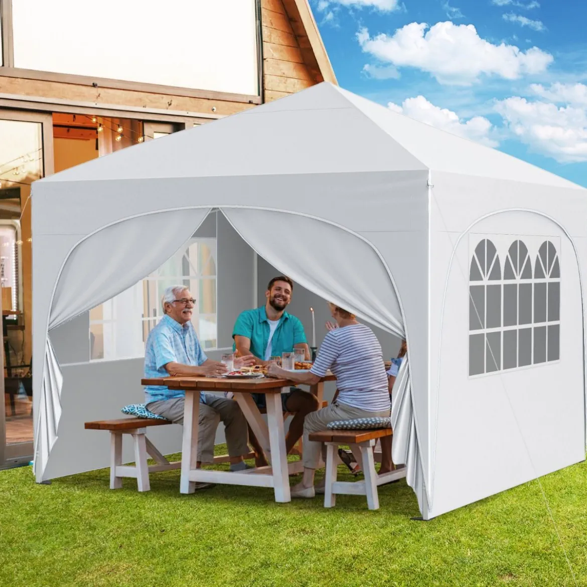 3 x 3 M Pavillon mit 4 Abnehmbaren Seitenwänden Gartenzelt inkl. Rolltasche 8 Heringe 4 Anker Weiß