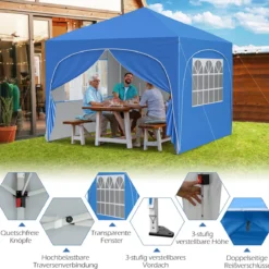 3 x 3 M Pavillon mit 4 abnehmbaren Seitenwänden Gartenzelt inkl. Rolltasche 8 Heringe 4 Anker Blau