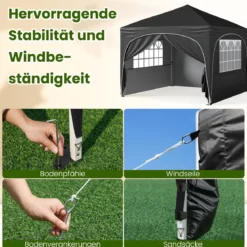 3 x 3 M Pavillon mit 4 abnehmbaren Seitenwänden Gartenzelt inkl. Rolltasche 8 Heringe 4 Anker Schwarz