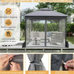 3 x 3 m Pavillon mit Moskitonetz 4 Sandsäcken & Doppeldach wasserdicht stabil winterfest Gartenpavillon für Terrasse Grau