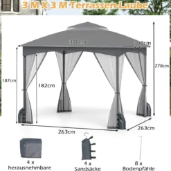 3 x 3 m Pavillon mit Moskitonetz 4 Sandsäcken & Doppeldach wasserdicht stabil winterfest Gartenpavillon für Terrasse Grau