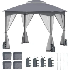 3 x 3 m Pavillon mit Moskitonetz 4 Sandsäcken & Doppeldach wasserdicht stabil winterfest Gartenpavillon für Terrasse Grau