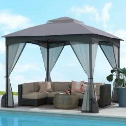 3 x 3 m Pavillon mit Moskitonetz 4 Sandsäcken & Doppeldach wasserdicht stabil winterfest Gartenpavillon für Terrasse Grau