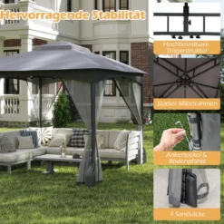 3 x 3 m Pavillon mit Moskitonetz 4 Sandsäcken & Doppeldach wasserdicht stabil winterfest Gartenpavillon für Terrasse Grau