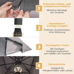 3 x 3 m Pavillon mit Moskitonetz 4 Sandsäcken & Doppeldach wasserdicht stabil winterfest Gartenpavillon für Terrasse Grau