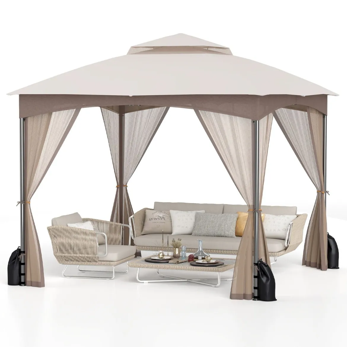 3 x 3 m Pavillon mit Moskitonetz & 4 Sandsäcken & Doppeldach Wasserdicht Gartenpavillon Khaki