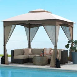 3 x 3 m Pavillon mit Moskitonetz & 4 Sandsäcken & Doppeldach Wasserdicht Gartenpavillon Khaki