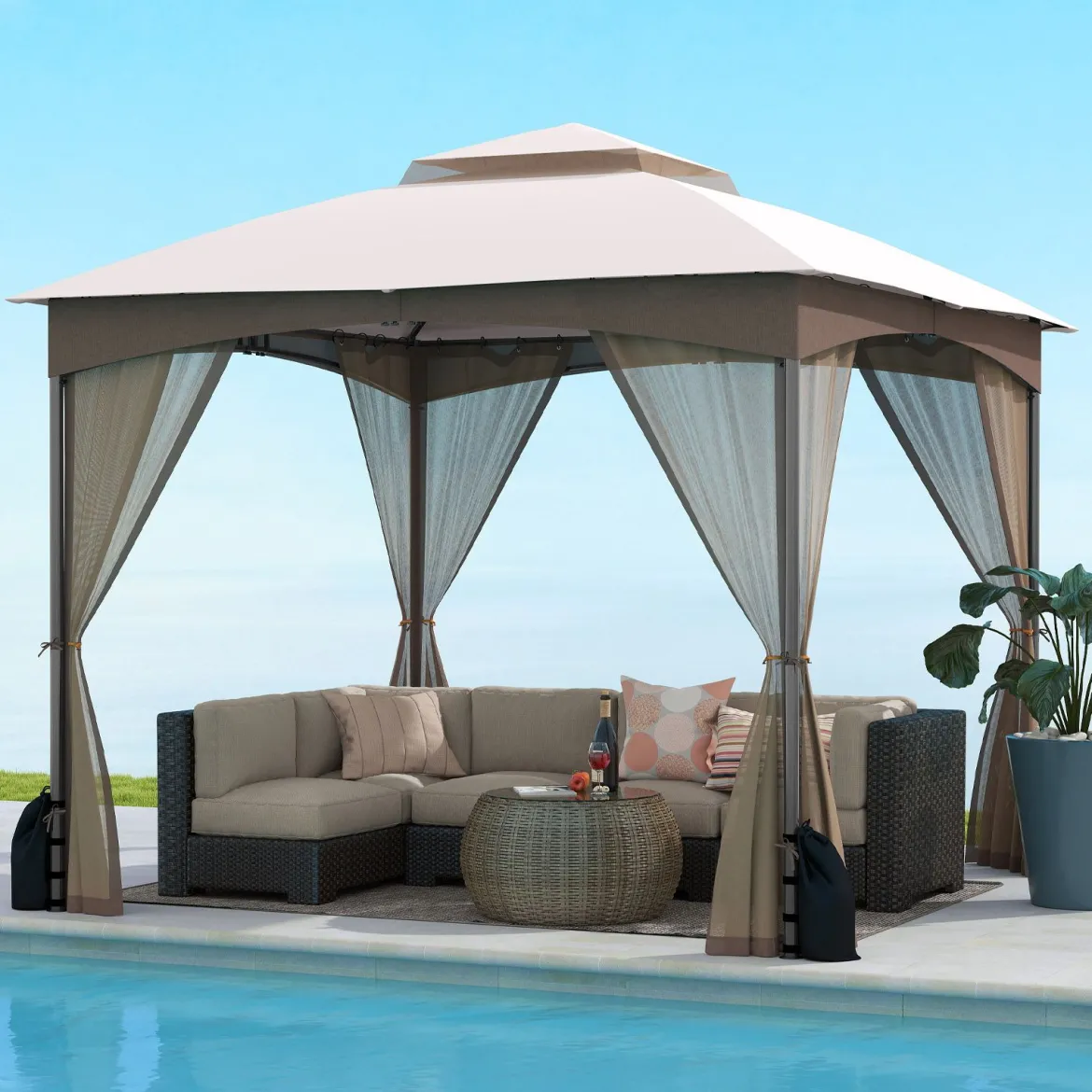 3 x 3 m Pavillon mit Moskitonetz & 4 Sandsäcken & Doppeldach Wasserdicht Gartenpavillon Khaki