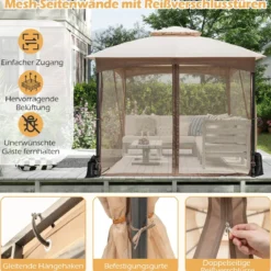 3 x 3 m Pavillon mit Moskitonetz & 4 Sandsäcken & Doppeldach Wasserdicht Gartenpavillon Khaki