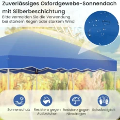 3 x 3 m Pavillon Wasserdichter Faltpavillon mit Rolltasche Winterfestes Gartenzelt Gartenpavillon Blau