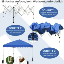 3 x 3 m Pavillon Wasserdichter Faltpavillon mit Rolltasche Winterfestes Gartenzelt Gartenpavillon Blau