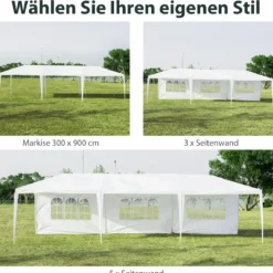 3 x 9 m Pavillon Zelt Gartenpavillon Gartenzelt mit 5 abnehmbaren Seitenwände weiß