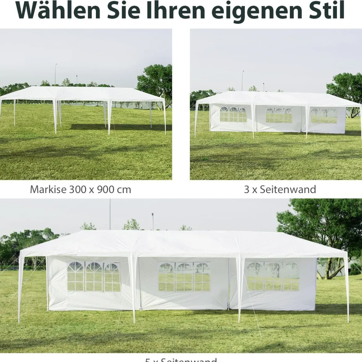 3 x 9 m Pavillon Zelt Gartenpavillon Gartenzelt mit 5 abnehmbaren Seitenwände weiß