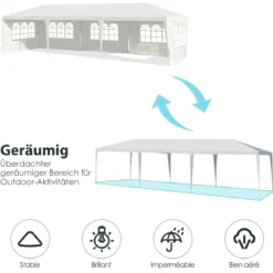 3 x 9 m Pavillon Zelt Gartenpavillon Gartenzelt mit 5 abnehmbaren Seitenwände weiß