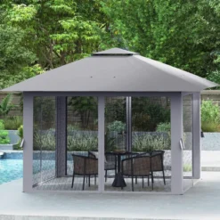 4 x 4 m Pop Up Faltpavillon mit 4 Moskitonetz & Doppeldach Gartenpavillon inkl. Tragetasche Grau