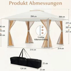 4 x 4 m Pop Up Faltpavillon mit 4 Moskitonetz & Doppeldach Gartenpavillon inkl. Tragetasche Beige