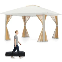 4 x 4 m Pop Up Faltpavillon mit 4 Moskitonetz & Doppeldach Gartenpavillon inkl. Tragetasche Beige