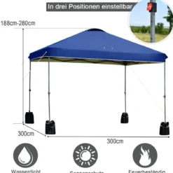 3 x 3m Pop-up Gartenpavillon Faltpavillon Pavillon Sonnenschutz Outdoor Sofortschutz Gartenpavillon Blau