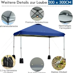 3 x 3m Pop-up Gartenpavillon Faltpavillon Pavillon Sonnenschutz Outdoor Sofortschutz Gartenpavillon Blau