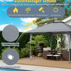 4 x 4 m Pop Up Pavillon Höhenverstellbarer Gartenpavillon mit Doppeldach & Metallrahmen Grau