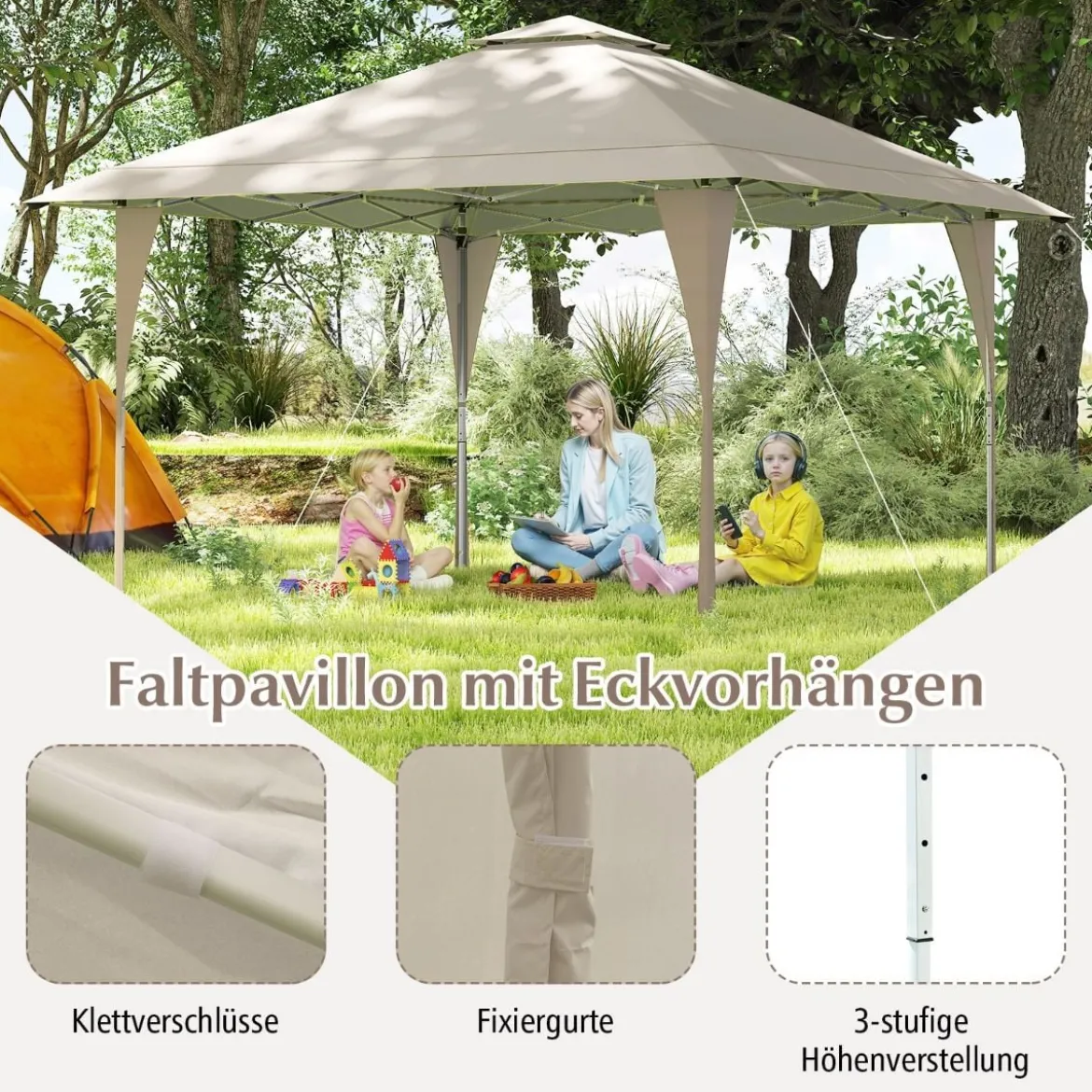 4 x 4 m Pop Up Pavillon mit Doppeldach & Metallrahmen Höhenverstellbarer Gartenpavillon