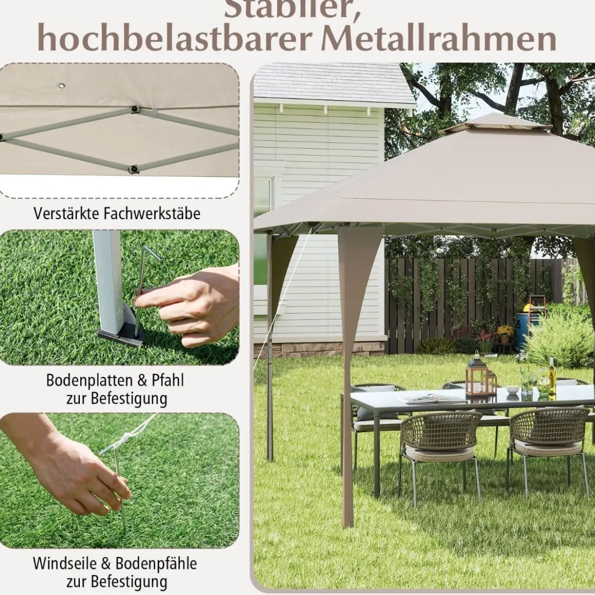 4 x 4 m Pop Up Pavillon mit Doppeldach & Metallrahmen Höhenverstellbarer Gartenpavillon