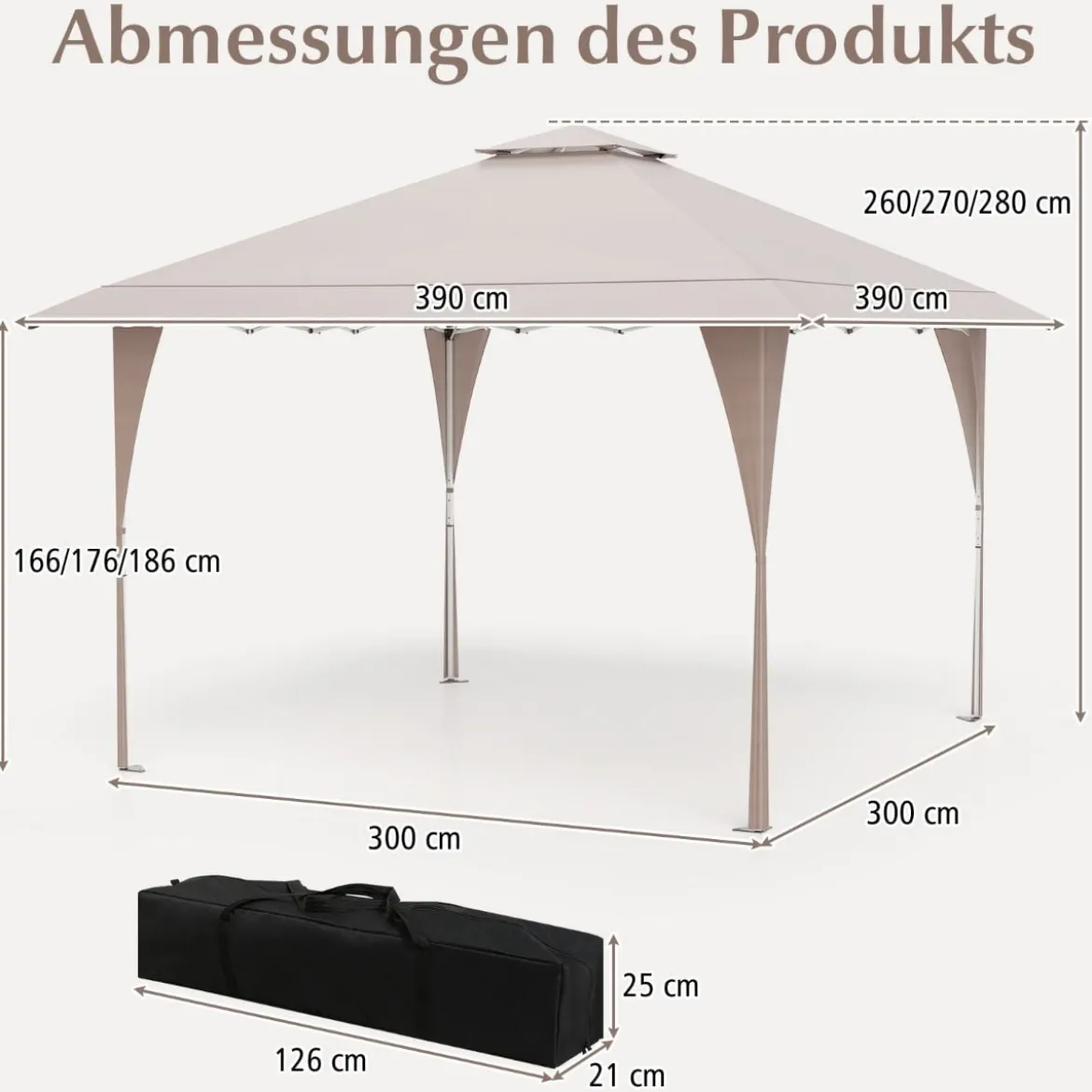 4 x 4 m Pop Up Pavillon mit Doppeldach & Metallrahmen Höhenverstellbarer Gartenpavillon