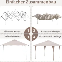4 x 4 m Pop Up Pavillon mit Doppeldach & Metallrahmen Höhenverstellbarer Gartenpavillon
