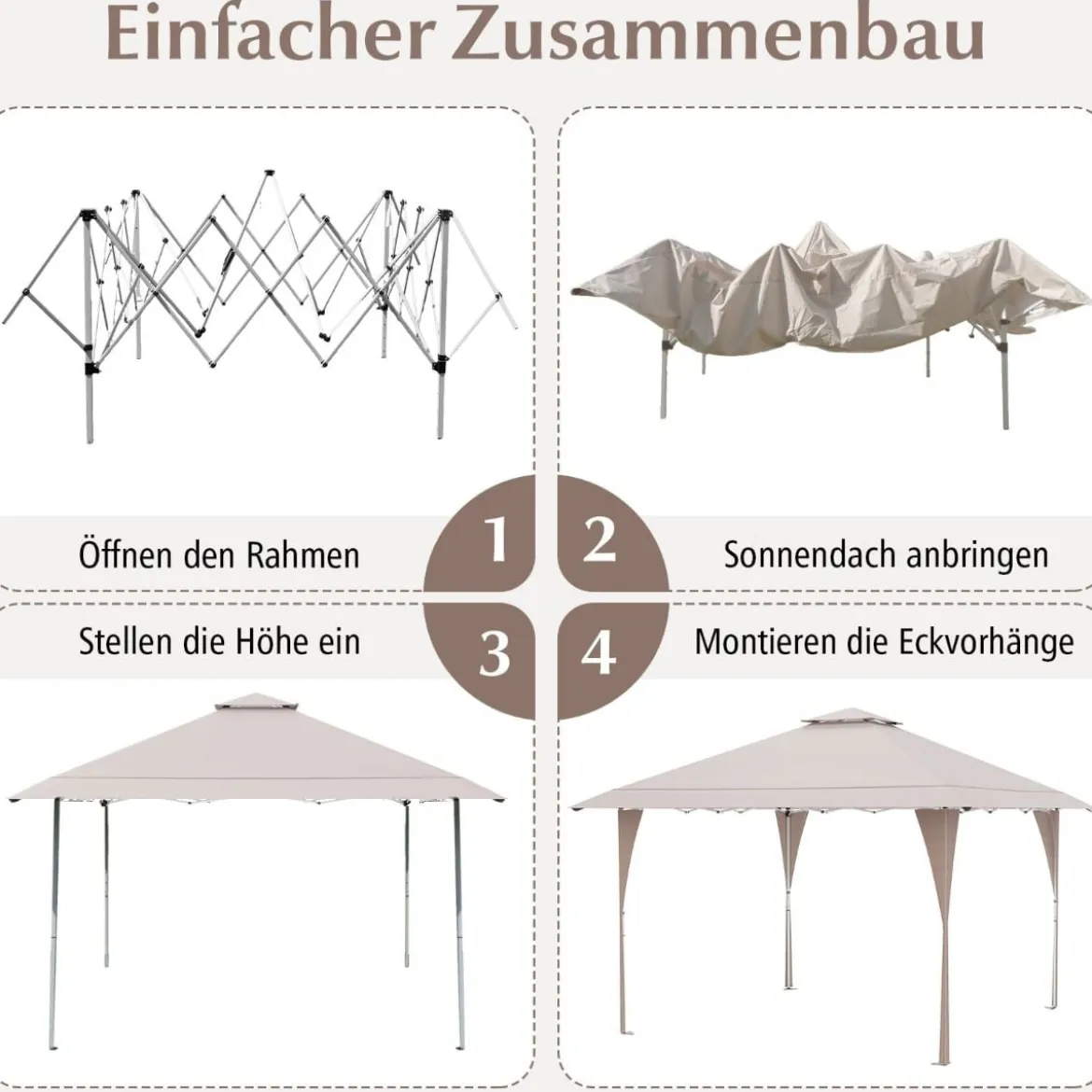 4 x 4 m Pop Up Pavillon mit Doppeldach & Metallrahmen Höhenverstellbarer Gartenpavillon