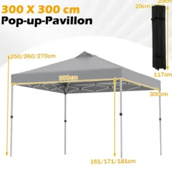 3 x 3 m Pop-Up Pavillon mit 4 Sandsäcken & Heringen & Seilen Faltpavillon Gartenpavillon Grau
