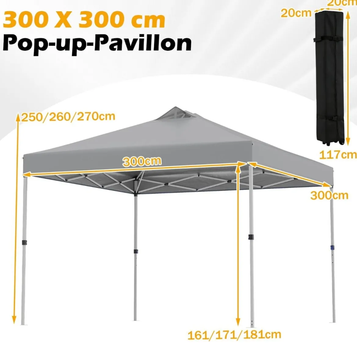3 x 3 m Pop-Up Pavillon mit 4 Sandsäcken & Heringen & Seilen Faltpavillon Gartenpavillon Grau