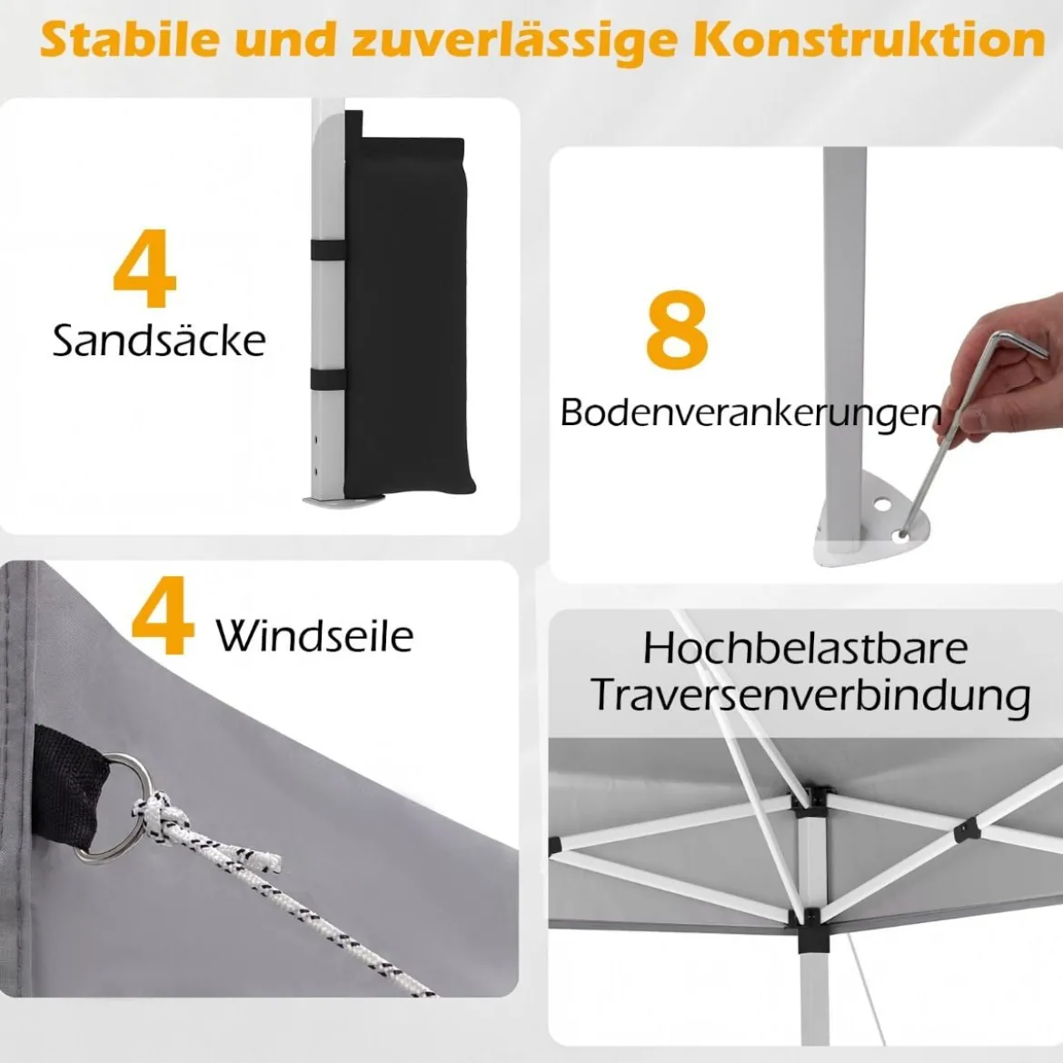 3 x 3 m Pop-Up Pavillon mit 4 Sandsäcken & Heringen & Seilen Faltpavillon Gartenpavillon Grau