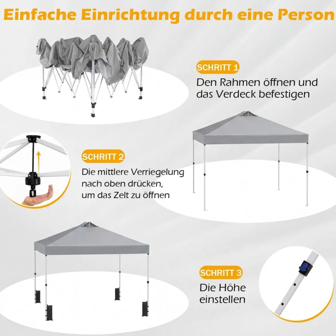 3 x 3 m Pop-Up Pavillon mit 4 Sandsäcken & Heringen & Seilen Faltpavillon Gartenpavillon Grau