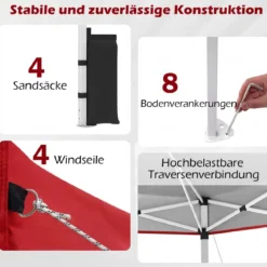 3 x 3 m Pop-Up Pavillon mit 4 Sandsäcken & Heringen & Seilen Faltpavillon Gartenpavillon Rot