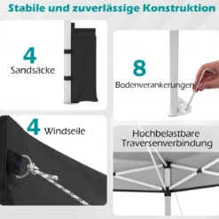 3 x 3 m Pop-Up Pavillon mit 4 Sandsäcken & Heringen & Seilen Faltpavillon Gartenpavillon Schwarz