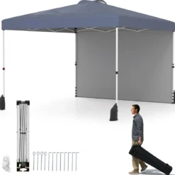 3 x 3 m Pop-up-Pavillon mit Seitenwand tragbarer Gartenpavillon inkl. Schattenspender mit Rolltasche Grau